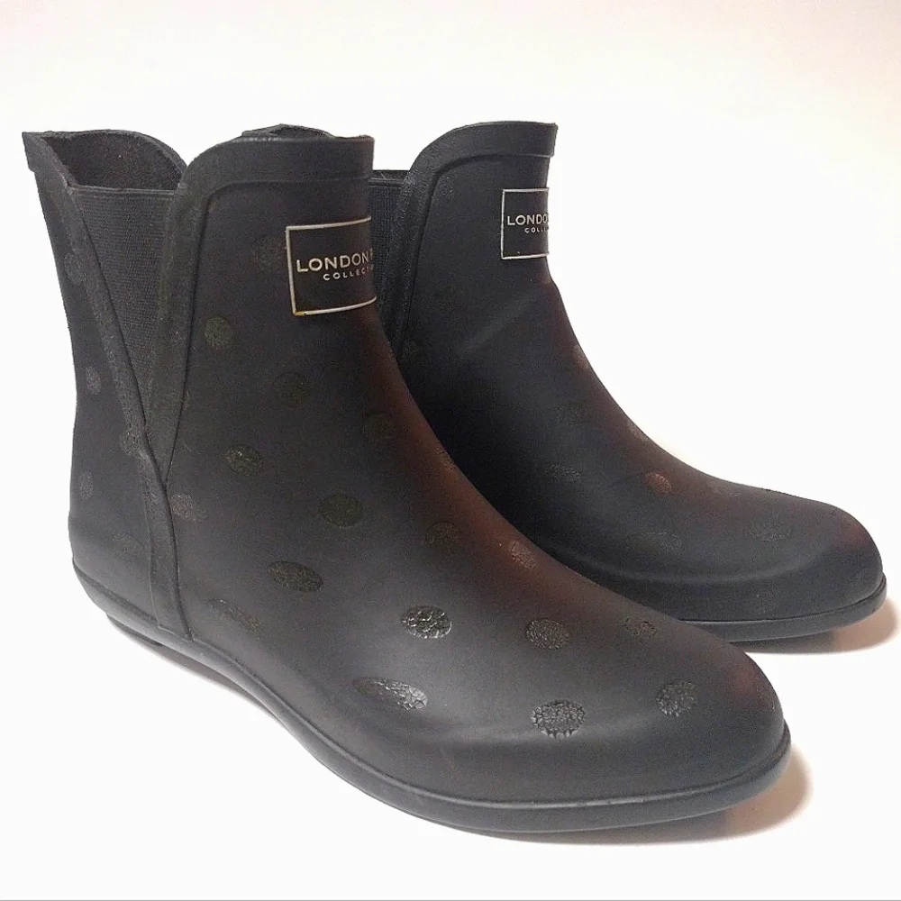 London Fog Women's Piccadilly Rain Ankle Pull On Waterproof Boots Black Dots